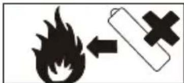 Warning symbol showing a flame next to a battery with an 'X' mark, indicating no chemical hazard or failure.