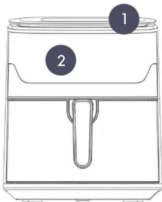 Line drawing of a portable air fryer with two labeled buttons (1 and 2) on the top panel, no text or symbols on the device itself.
