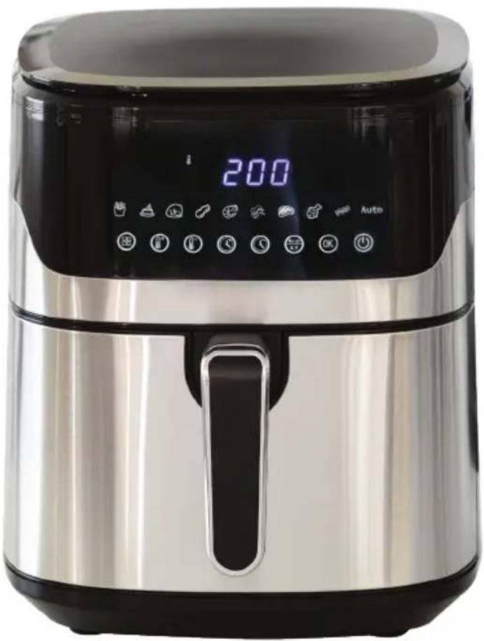 Modern stainless steel air fryer with digital display and control buttons (no visible text or symbols on the device itself)