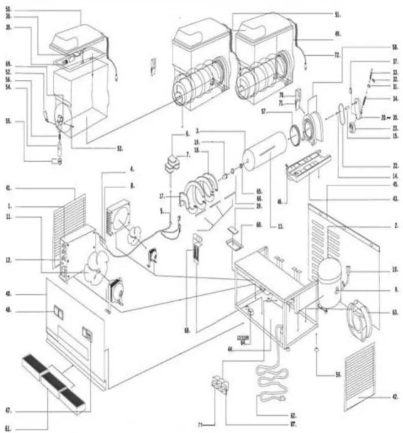 Exploded view diagram of an air conditioning unit with numbered components and labeled parts