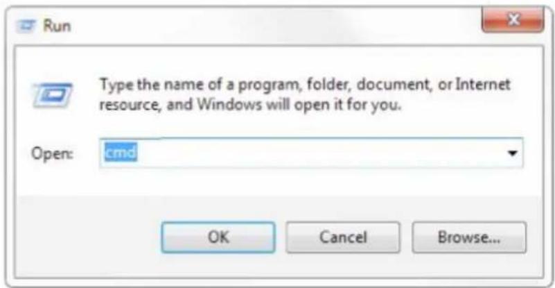 Run Type the name of a program, folder, document, or Internet resource, and Windows will open it for you. Open: cmd OK Cancel Browse...