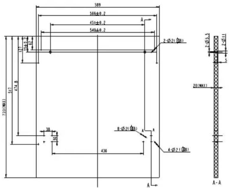 589 566±0.2 451±0.2 540±0.2 A 127 34±0.2 8 2-Ø2(∅B) 720(NMAX) 517 474.8 38 30 436 B-Ø2(∅B) A 4-Ø2(∅B) A-A 2-Ø5.5 2-Ø11 20(MAX) A-A