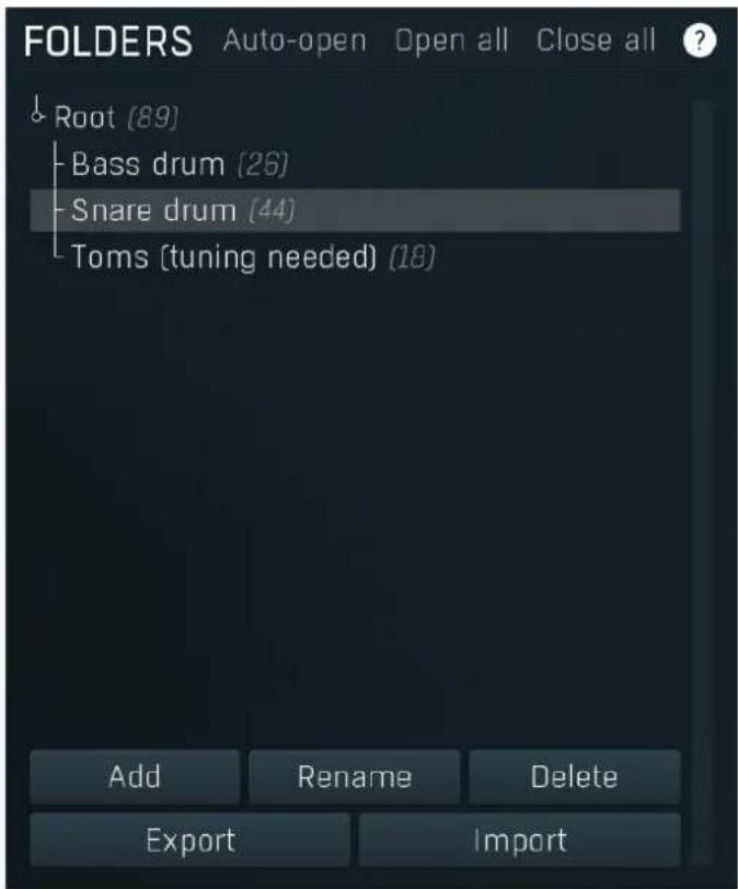 FOLDERS Auto-open Open all Close all ? ↓ Root (89) Bass drum (26) Snare drum (44) Toms (tuning needed) (18) Add Rename Delete Export Import