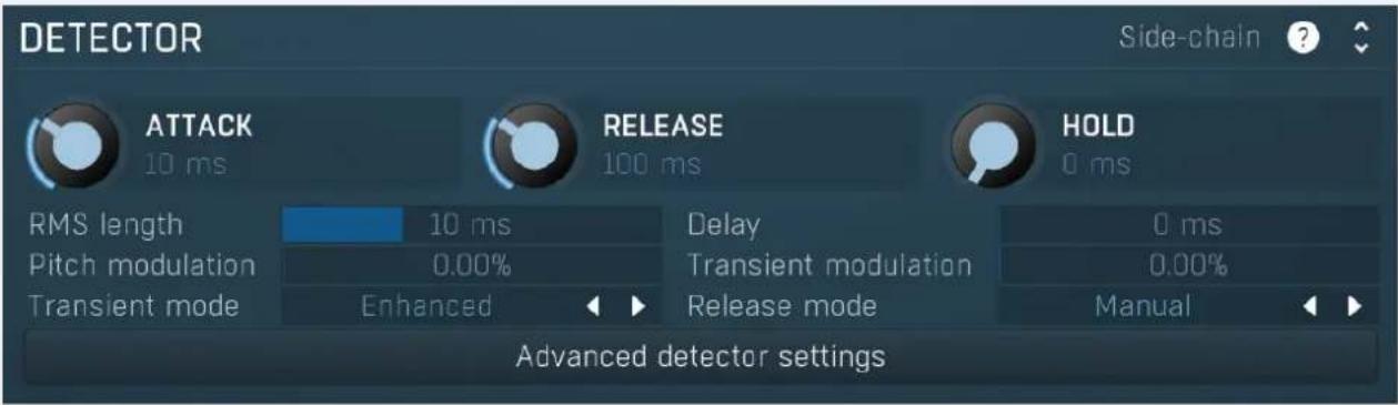 DETECTOR Side-chain ? ATTACK 10 ms RELEASE 100 ms HOLD 0 ms RMS length 10 ms Delay 0 ms Pitch modulation 0.00% Transient modulation 0.00% Transient mode Enhanced Release mode Manual Advanced detector settings