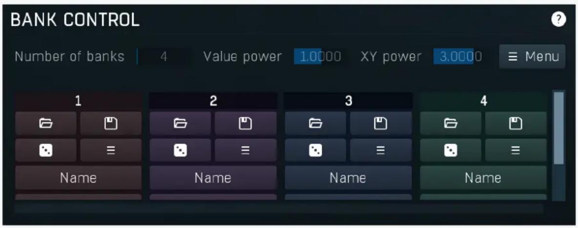 BANK CONTROL Number of banks | 4 Value power 1.0000 XY power 3.0000 ≡ Menu 1 2 3 4 Name Name Name Name