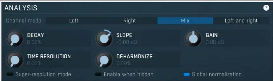 ANALYSIS Channel mode Left Right Mix Left and right DECAY +SLOPE GAIN 0.00% +3.00 dB 0.00 dB TIME RESOLUTION DEHARMONIZE 0.00% Super-resolution mode Enable when hidden Global normalization