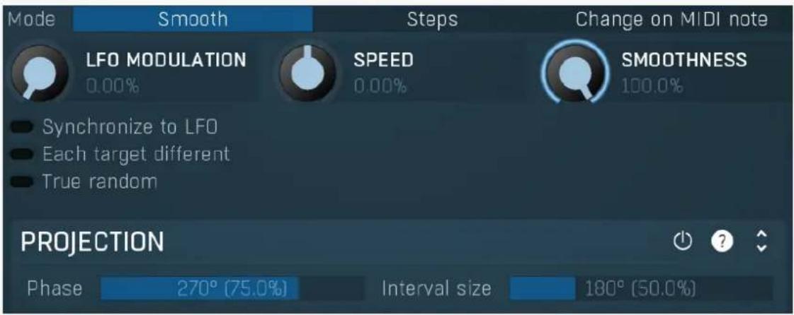 Mode Smooth Steps Change on MIDI note LFO MODULATION 0.00% SPEED 0.00% SMOOTHNESS 100.0% Synchronize to LFO Each target different True random PROJECTION Phase 270° (75.0%) Interval size 180° (50.0%)