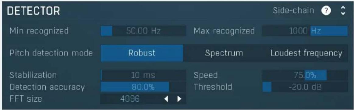 DETECTOR Min recognized 50.00 Hz Max recognized 1000 Hz Pitch detection mode Robust Spectrum Loudest frequency Stabilization 10 ms Speed 75.0% Detection accuracy 80.0% Threshold -20.0 dB FFT size 4096