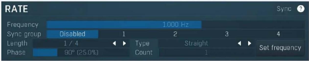 RATE Frequency 1.000 Hz Sync group Disabled 1 2 3 4 Length 1 / 4 ▶ Type Straight ▶ Set frequency Phase 90° (25.0%) Count 1