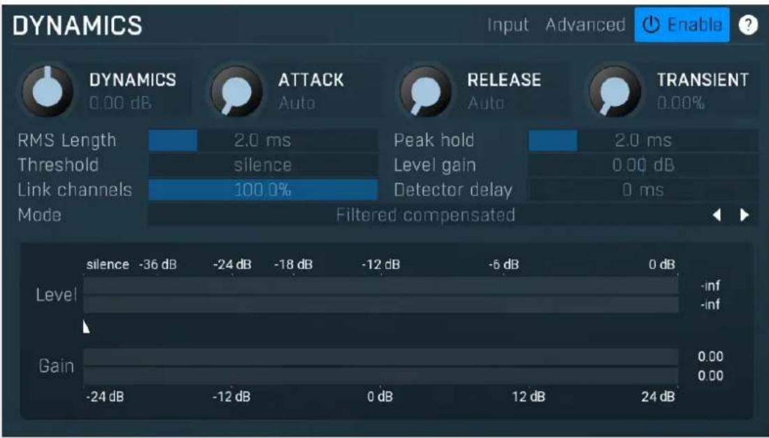 DYNAMICS Input Advanced Enable DYNAMICS 0.00 dB ATTACK Auto RELEASE Auto TRANSIENT 0.00% RMS Length 2.0 ms Peak hold 2.0 ms Threshold silence Level gain 0.00 dB Link channels 100.0% Detector delay 0 ms Mode Filtered compensated silence -36 dB -24 dB -18 dB -12 dB -6 dB 0 dB Level -inf -inf Gain -24 dB -12 dB 0 dB 12 dB 24 dB