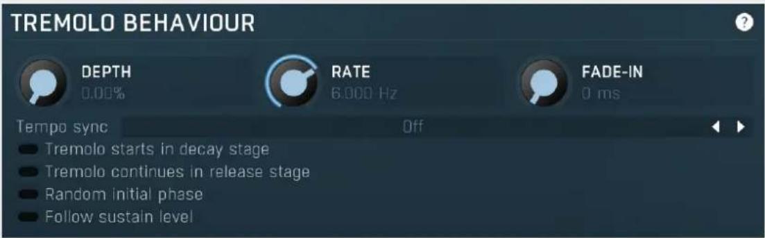 TREMOLO BEHAVIOUR DEPTH 0.00% RATE 6.000 Hz FADE-IN 0 ms Tempo sync Off Tremolo starts in decay stage Tremolo continues in release stage Random initial phase Follow sustain level