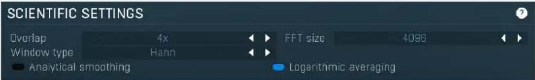 SCIENTIFIC SETTINGS Overlap 4x FFT size 4096 Window type Hann Analytical smoothing Logarithmic averaging
