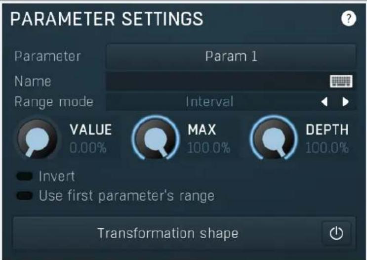 PARAMETER SETTINGS Parameter Param 1 Name Range mode Interval VALUE MAX DEPTH 0.00% 100.0% 100.0% Invert Use first parameter's range Transformation shape