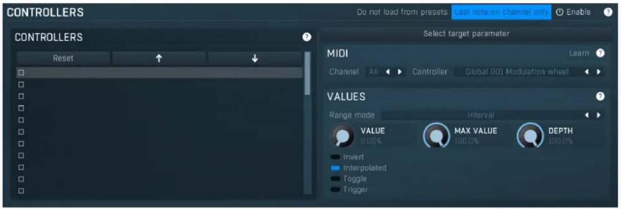 CONTROLLERS Do not load from presets Last note on channel only Enable CONTROLLERS Reset Select target parameter MIDI Learn Channel All Controller Global 001 Modulation wheel VALUES Range mode Interval VALUE MAX VALUE DEPTH 0.00% 100.0% Invert Interpolated Toggle Trigger