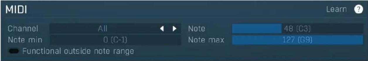 MIDI Learn ? Channel All Note 48 [C3] Note min 0 (C-1) Note max 127 (G9) Functional outside note range