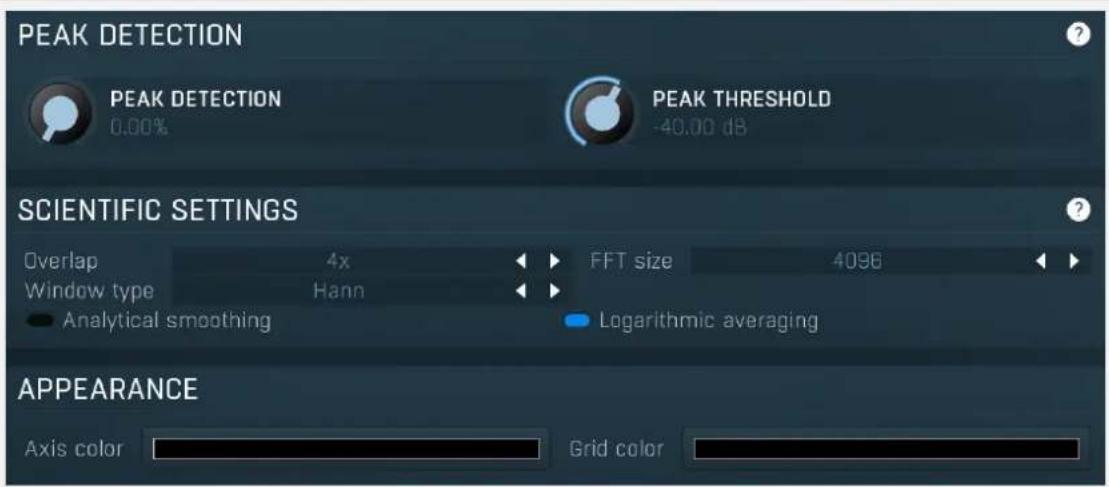 PEAK DETECTION PEAK DETECTION 0.00% PEAK THRESHOLD -40.00 dB SCIENTIFIC SETTINGS Overlap 4x FFT size 4096 Window type Hann Analytical smoothing Logarithmic averaging APPEARANCE Axis color Grid color