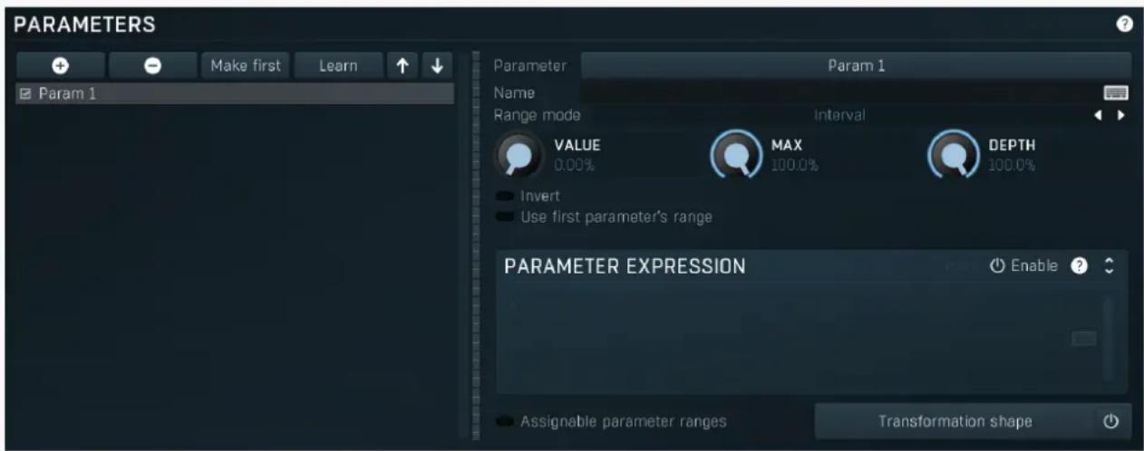 PARAMETERS Make first Learn Param 1 Parameter Param 1 Name Range mode Interval VALUE MAX DEPTH 0.00% 100.0% Invert Use first parameter's range PARAMETER EXPRESSION Enable ? Assignable parameter ranges Transformation shape