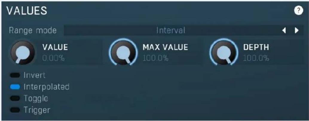 VALUES Range mode Interval VALUE MAX VALUE DEPTH 0.00% 100.0% 100.0% Invert Interpolated Toggle Trigger