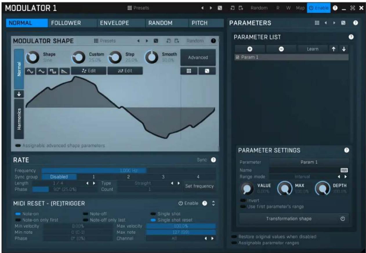 MODULATOR 1 Preset Random R W Map Enable ? NORMAL FOLLOWER ENVELOPE RANDOM PITCH MODULATOR SHAPE Presets Random ? Shape Custom Step Smooth Advanced Side 25.0% 25.0% 50.0% Normal Edit Edit Harmonics Assignable advanced shape parameters RATE Sync ? Frequency 1.000 Hz Sync group Disabled 1 2 3 4 Length 1 / 4 Type Straight Set frequency Phase 90° (25.0%) Count 1 MIDI RESET - (RE)TRIGGER Enable ? Note-on Note-off Single shot Param 1 Note-on only first Note-off only last Range mode Interval Min velocity 0.00% Max velocity 100.0% Min note 0 (C-3) Max note 127 (09) Phase 0° (0%) Channel All PARAMETER LIST Param 1 PARAMETER SETTINGS Parameter Param 1 Name Range mode Interval VALUE MAX DEPTH 0.00% MAX 100.0% 200.0% Invert Use first parameter's range Transformation shape Restore original values when disabled Assignable parameter ranges