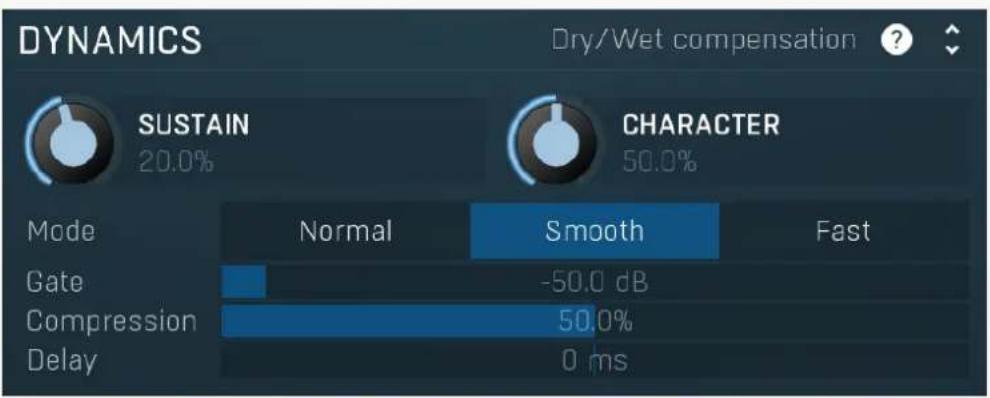 DYNAMICS Dry/Wet compensation SUSTAIN 20.0% CHARACTER 50.0% Mode Normal Smooth Fast Gate -50.0 dB Compression 50.0% Delay 0 ms