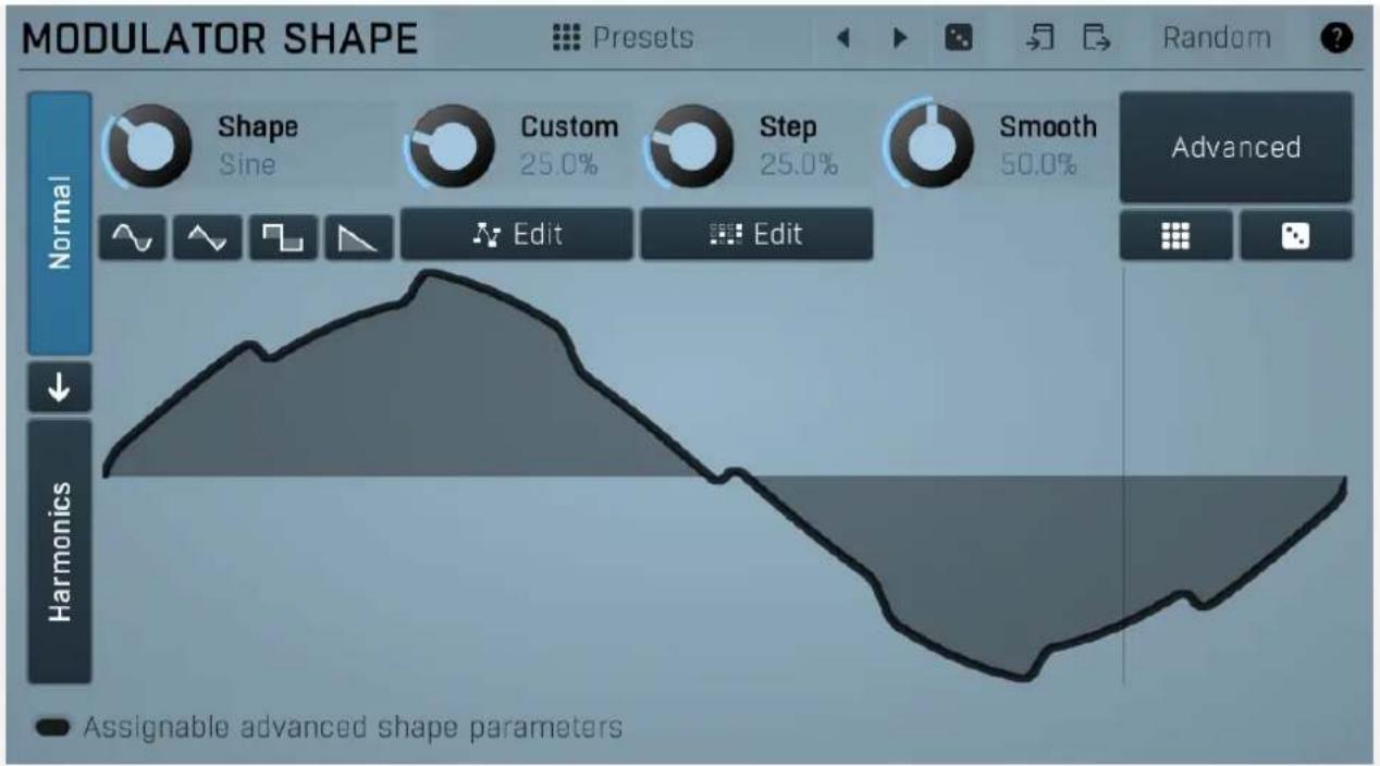MODULATOR SHAPE Presets Random ? Shape Sine Custom 25.0% Step 25.0% Smooth 50.0% Advanced Normal Edit Edit Harmonics • Assignable advanced shape parameters