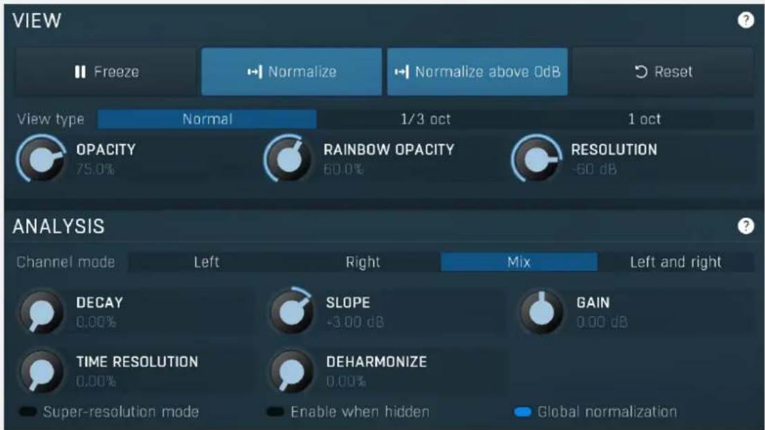 VIEW Freeze Normalize Normalize above 0dB Reset View type Normal 1/3 oct 1 oct OPACITY RAINBOW OPACITY RESOLUTION 75.0% 60.0% -60 dB ANALYSIS Channel mode Left Right Mix Left and right DECAY SLOPE GAIN 0.00% +3.00 dB 0.00 dB TIME RESOLUTION DEHARMONIZE 0.00% 0.00% Super-resolution mode Enable when hidden Global normalization
