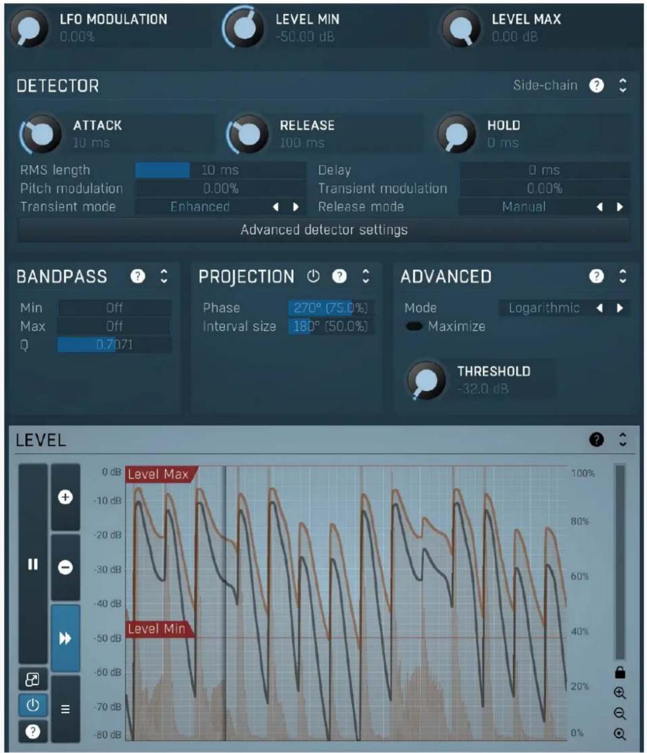 LFO MODULATION 0.00% LEVEL MIN -50.00 dB LEVEL MAX 0.00 dB DETECTOR Side-chain ? ATTACK 10 ms RELEASE 100 ms HOLD 0 ms RMS length 10 ms Delay 0 ms Pitch modulation 0.00% Transient mode Enhanced Release mode 0.00% Manual Advanced detector settings BANDPASS Min Off Max Off Q 0.7071 PROJECTION Phase 270° [75.0%] Interval size 180° [50.0%] ADVANCED Mode Logarithmic Maximize THRESHOLD -32.0 dB LEVEL Level Max Level Min