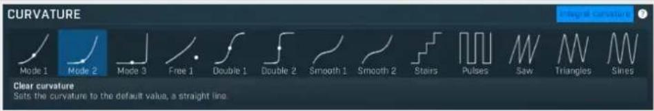 CURVATURE Mode 1 Mode 2 Mode 3 Free 1 Double 1 Double 2 Smooth 1 Smooth 2 Stairs Pulses Saw Triangles Sines Clear curvature Sits the curvature to the default value, a straight line