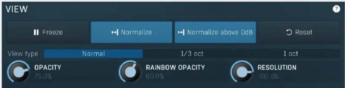VIEW Freeze Normalize Normalize above 0dB Reset View type Normal 1/3 oct 1 oct OPACITY 75.0% RAINBOW OPACITY RESOLUTION -60 dB
