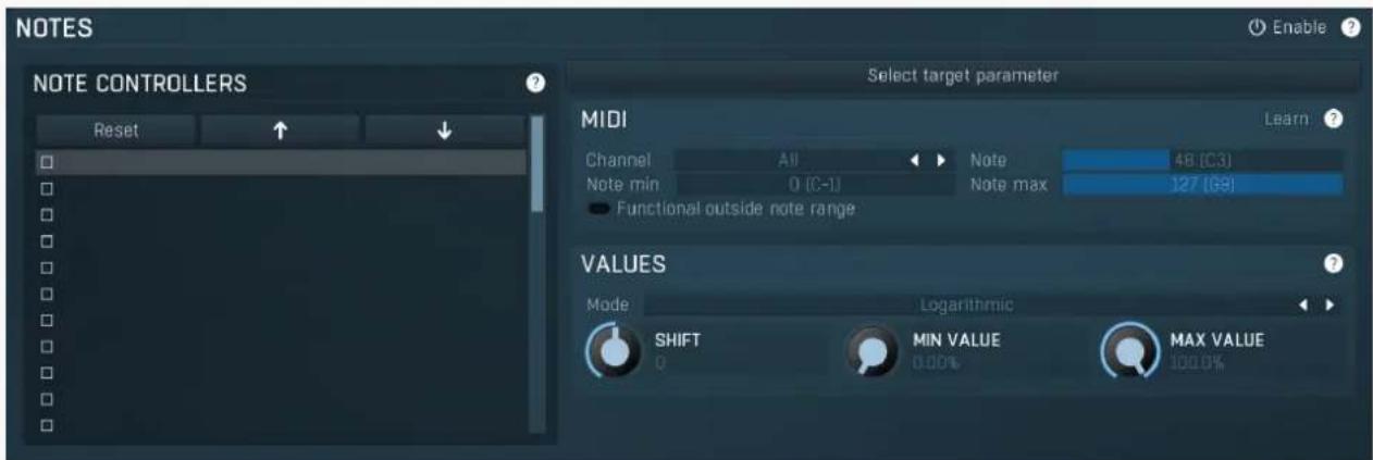 NOTES Enable ? NOTE CONTROLLERS Reset Select target parameter MIDI Learn ? Channel All Note 48 (C3) Note min 0 (C-1) Note max 127 (G9) Functional outside note range VALUES Mode Logarithmic SHIFT MIN VALUE MAX VALUE 0 0.00% 100.0%