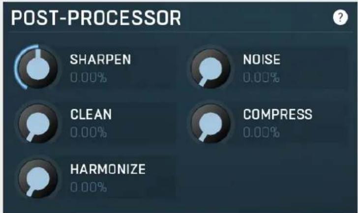 POST-PROCESSOR SHARPEN 0.00% NOISE 0.00% CLEAN 0.00% COMPRESS 0.00% HARMONIZE 0.00%