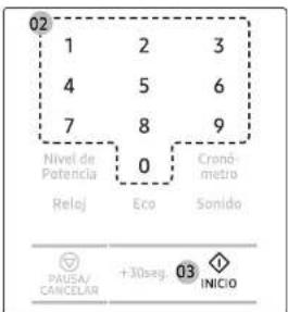 02 1 2 3 4 5 6 7 8 9 Nivel de Potência 0 Cronô- metro Relaj Eco Sonido PAUSA/ CANCELAR +30seg.03 INICIO