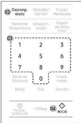 02 Descongelado Mantener Temperatura Desodorización Séguro de niños (exc.) 03 1 2 3 4 5 6 7 8 9 Nivel de Potencia 0 Crondó-metro Reloj Eco Sonido PAGA/CANCELAR +30seg. 04 INICIO