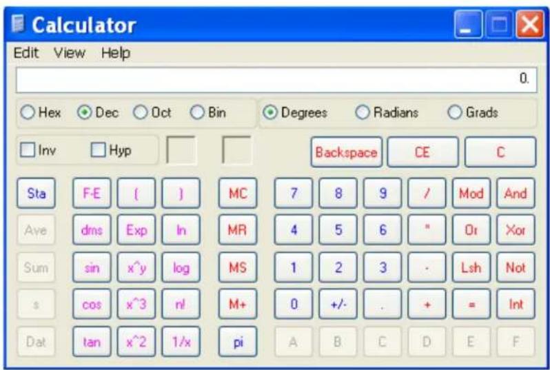 Calculator Edit View Help 0. Hex Dec Oct Bin Degrees Radians Grads Inv Hyp Backspace CE C Sta F-E ( ) MC 7 8 9 / Mod And Ave dns Exp In MR 4 5 6 " Or Xor Sum sin x^y log MS 1 2 3 - Lsh Not s cos x^3 n! M+ 0 +/- . + = Int Dat tan x^2 1/x pi A B C D E F