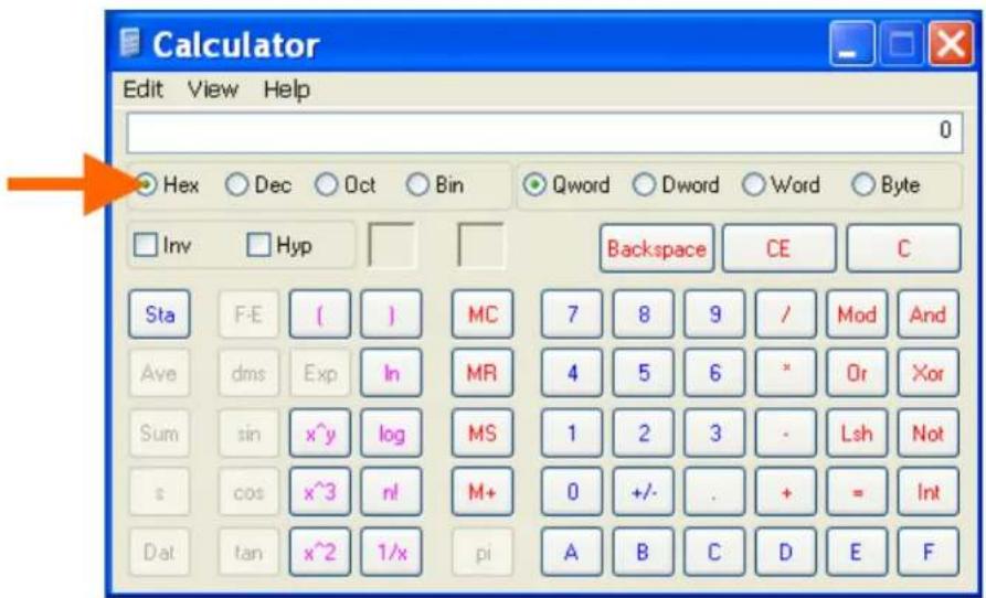 Calculator Edit View Help Hex Dec Oct Bin Qword Dword Word Byte Inv Hyp Backspace CE C Sta F-E ( ) MC 7 8 9 / Mod And Ave dms Exp In MR 4 5 6 * Or Xor Sum sin x^y log MS 1 2 3 - Lsh Not s cos x^3 n! M+ 0 +/- . + = Int Dat tan x^2 1/x pi A B C D E F