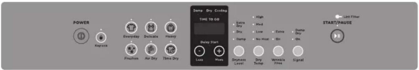 POWER Keycock Everyday Delicate Heavy Freshen Air Dry Time Dry Damp Dry Cooling TIME TO GO Delay Start Less More Extra Dry Dry Damp Dryness Level Dry Temp Wrinkle Free Signal High Med Low No Heat Extra On Damp Dry On Start/PAUSE List Filter