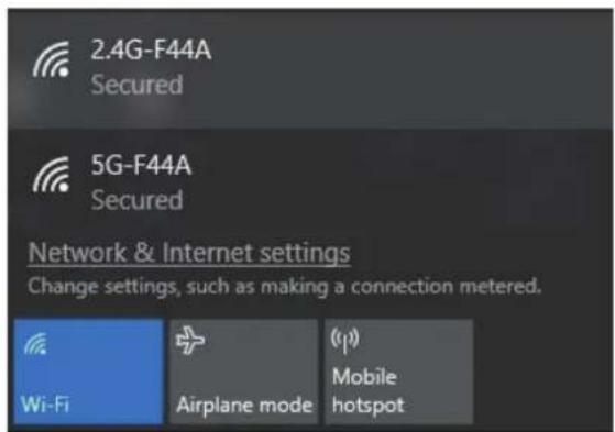 2.4G-F44A Secured 5G-F44A Secured Network & Internet settings Change settings, such as making a connection metered. Wi-Fi Airplane mode (p) Mobile hotspot