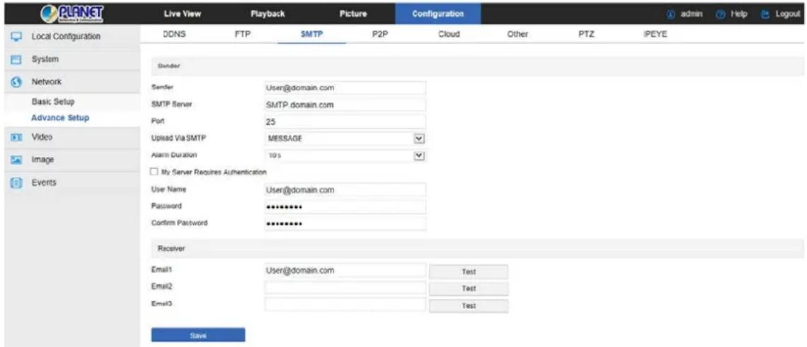 PLANET Local Configuration DDNS FTP SMTP P2P Configuration Other PTZ IPEYE System Network Basic Setup Advance Setup Video Image Events Sender SMTP Server Port Upliad Via SMTP Alarm Duration My Server Requires Authentication User Name User@domain.com Password Confirm Password Receiver Email1 User@domain.com funds test Email2 funds test Email3 funds test Save