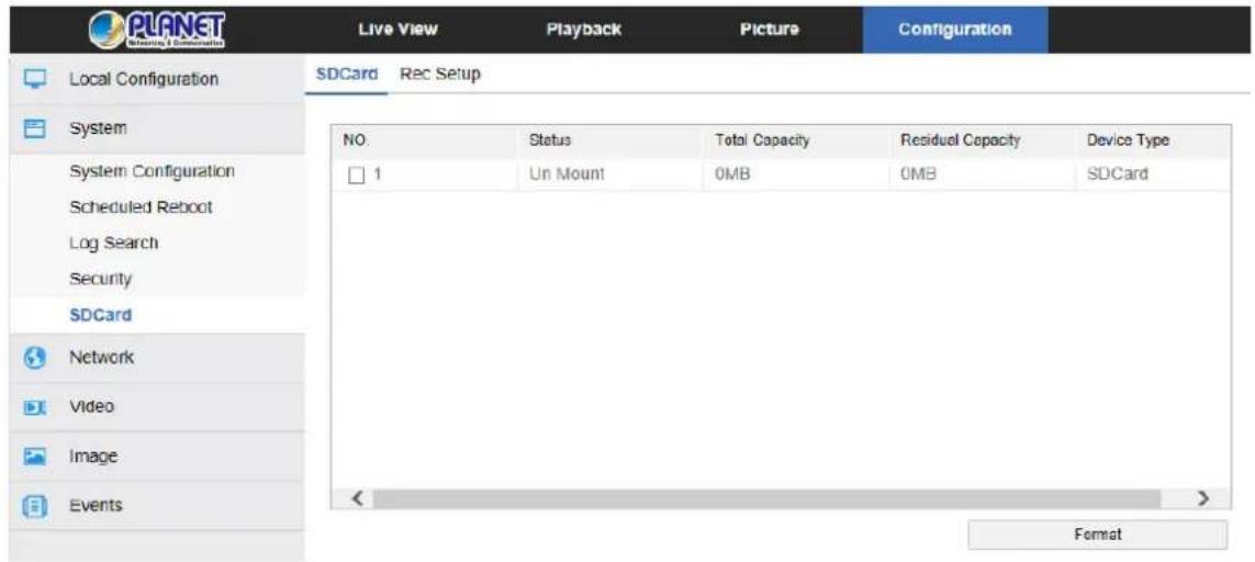 PLANET Network & Communications Live View Playback Picture Configuration Local Configuration SDCard Rec Setup NO. Status Total Capacity Residual Capacity Device Type 1 Un Mount 0MB 0MB SDCard Network Video Image Events Format
