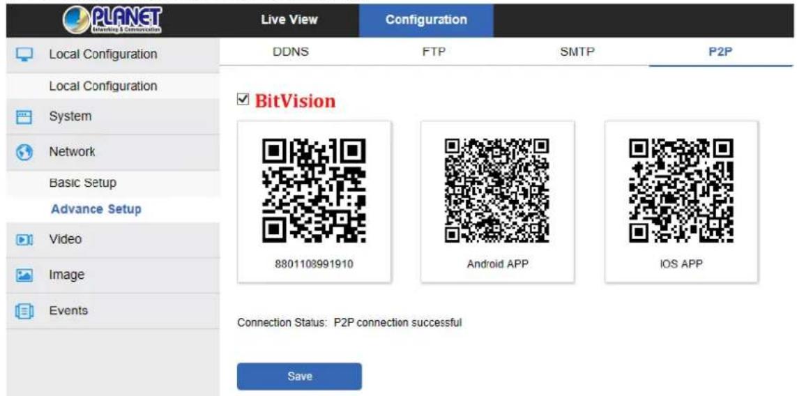 PLANET Drawing & Construction Live View Configuration DDNS FTP SMTP P2P Local Configuration Local Configuration System Network Basic Setup Advance Setup Video Image Events BitVision 8801103991910 Android APP IOS APP Connection Status: P2P connection successful Save