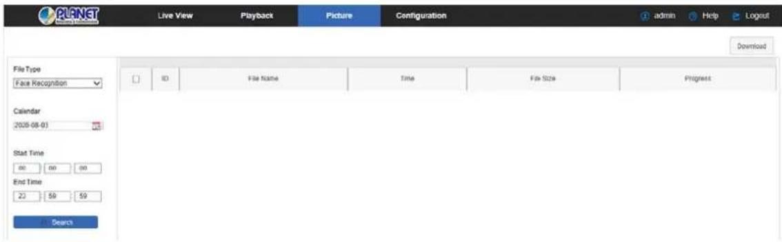 PLANET Live View Playback Picture Configuration admin Help Logout File Type Face Recognition Calendar 2028-08-03 Start Time 00 00 00 End Time 22 59 59 Search ID File Name End Xia File Size Progress