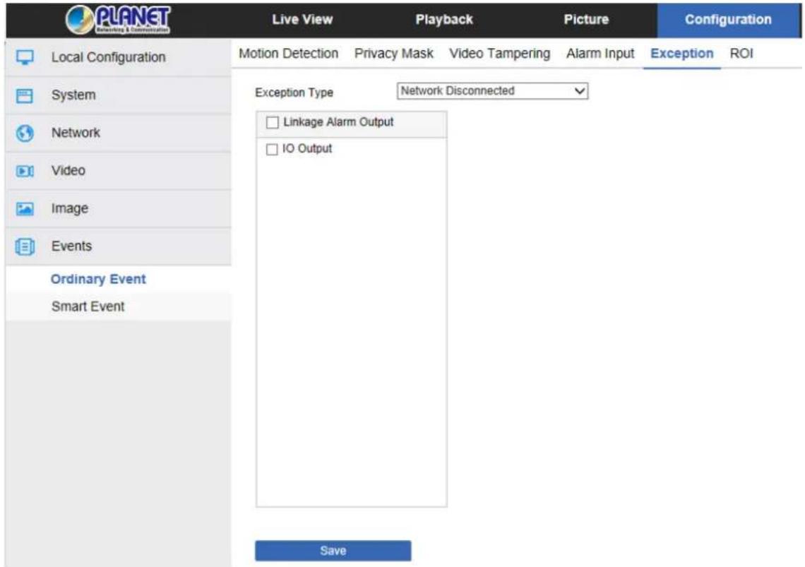 PLANET Networking & Communications Live View Playback Picture Configuration Local Configuration Motion Detection Privacy Mask Video Tampering Alarm Input Exception ROI System Exception Type Network Disconnected Network Video Image Events Ordinary Event Smart Event Linkage Alarm Output IO Output Save