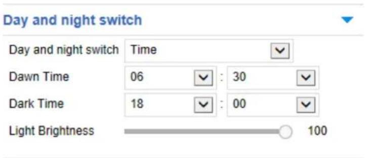 Day and night switch Day and night switch Time Dawn Time 06 : 30 Dark Time 18 : 00 Light Brightness 100