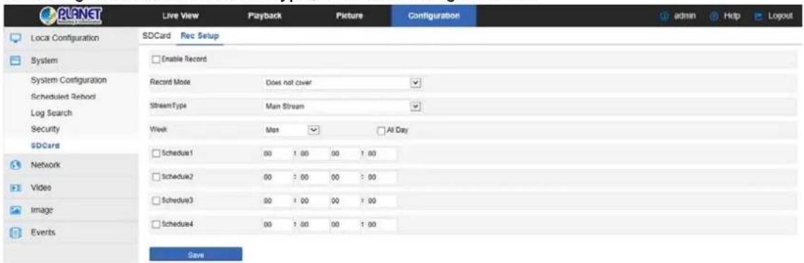 PLANET Local Configuration SDCard Rec Setup System Enable Record Record Mode Does not cover StreamType Main Stream Week Max All Day Schedule1 00 1:00 00 1:00 Schedule2 00 1:00 00 1:00 Schedule3 00 1:00 00 1:00 Schedule4 00 1:00 00 1:00 Save