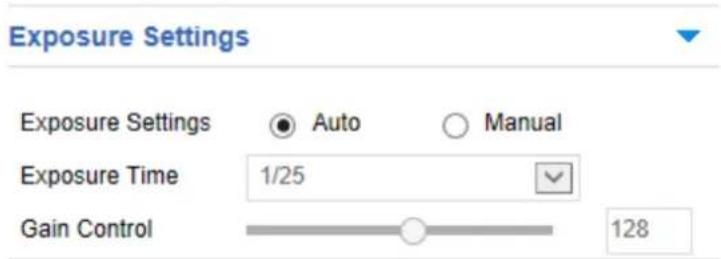 Exposure Settings Exposure Settings ● Auto ○ Manual Exposure Time 1/25 Gain Control 128