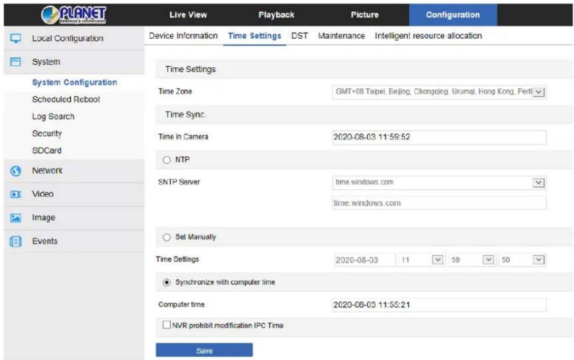 PLANET Live View Playback Picture Configuration Local Configuration Device Information Time Settings DST Maintenance Intelligent resource allocation System System Configuration Scheduled Reboot Log Search Security SDCard Network Video Image Events Time Settings Time Zone GMT+08 Taipei, Beijing, Chongqing, Urumqi, Hong Kong, Perti Time Sync. Time in Camera 2020-08-03 11:59:52 NTP SNTP Serverrets.windows.com time.windows.com Set Manually Time Settings 2020-08-03 11 59 50 Synchronize with computer time Computer time 2020-08-03 11:55:21 NVR prohibit modification IPC Time Save