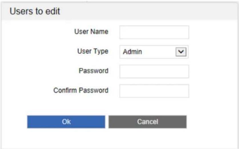 Users to edit User Name User Type Admin Password Confirm Password Ok Cancel