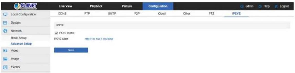 PLANET Local Configuration DDNS FTP SMTP P2P Cloud Other PTZ IPEYE System iPEYE Network SPEYE enable Basic Setup iPEYE Client http://192.168.1.205/$352 Advance Setup Video Image Events Save