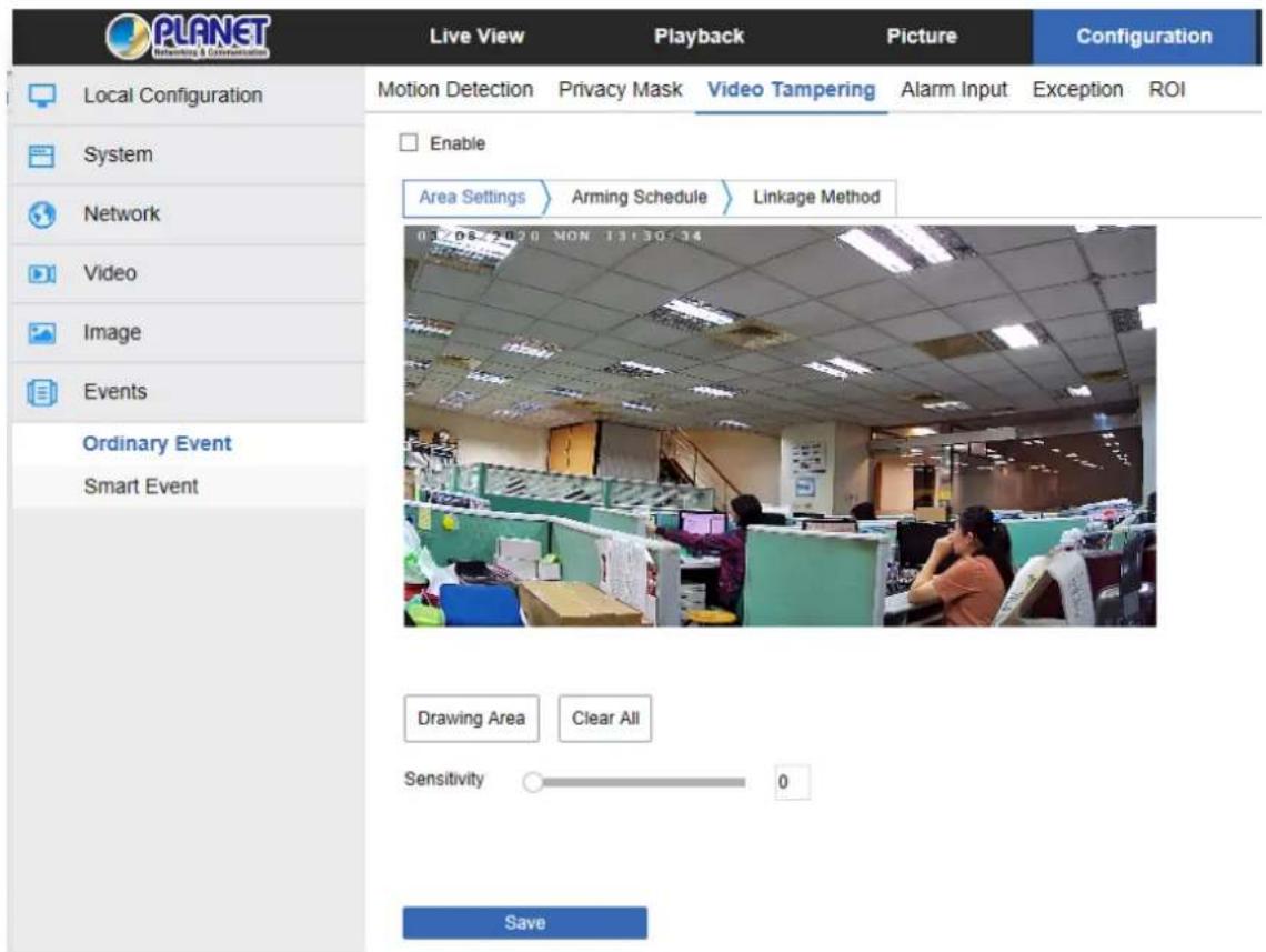 PLANET Networking & Communications Live View Playback Picture Configuration Local Configuration Motion Detection Privacy Mask Video Tampering Alarm Input Exception ROI System Network Video Image Events Ordinary Event Smart Event Enable Area Settings Arming Schedule Linkage Method 01/08/2020 MON 13130:34 Drawing Area Clear All Sensitivity 0 Save