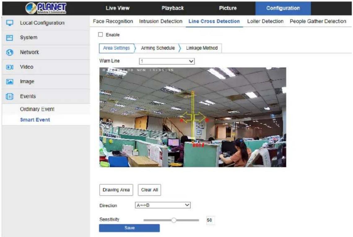 PLANET Directory Communication Live View Playback Picture Configuration Local Configuration Face Recognition Intrusion Detection Line Cross Detection Loiter Detection People Gather Detection System Network Video Image Events Ordinary Event Smart Event Enable Area Settings > Arming Schedule > Linkage Method Warn Line 1 01.08.46.20 NON 13:35:35 Drawing Area Clear All Direction A↔B Sensitivity 50 Save